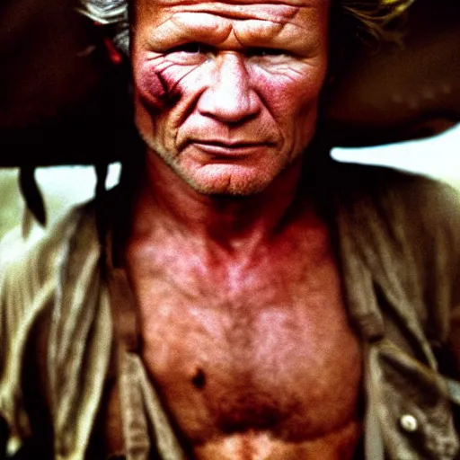 Prompt: uhd photorealisitc candid photo of john savage dressed as a savage. photo by annie leibowitz and steve mccurry