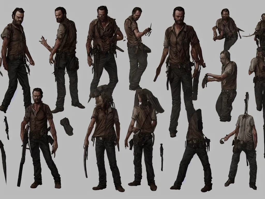 Prompt: character design sheet, rick grimes, the walking dead, fantasy, medieval, vivid colors, concept art, sharp focus, digital art, Hyper-realistic, 4K, Unreal Engine, Highly Detailed, HD, Dramatic Lighting by Brom, trending on Artstation