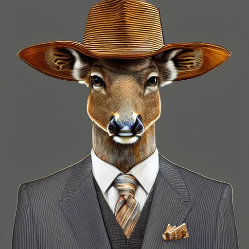 Image similar to a upper body portrait of a deer in a pinstriped suit and pants wearing a fedora with the antlers sticking out of the fedora adjusting his tie by artgerm and wlop, intricate detail, digital art, photorealistic, trending on artstation