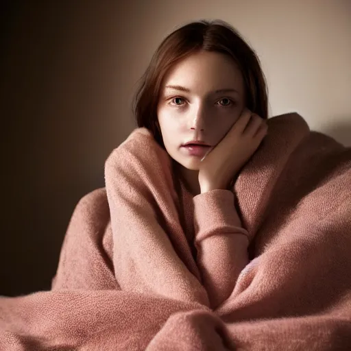 Image similar to portrait of a cute thin young woman, red blush, cute freckles wearing casual clothes, small smile, relaxing on a couch, cozy under a blanket, cozy living room, close up shot, 8 k, art by diego fazio and irakli nadar, hyperrealism, hyperdetailed, ultra realistic