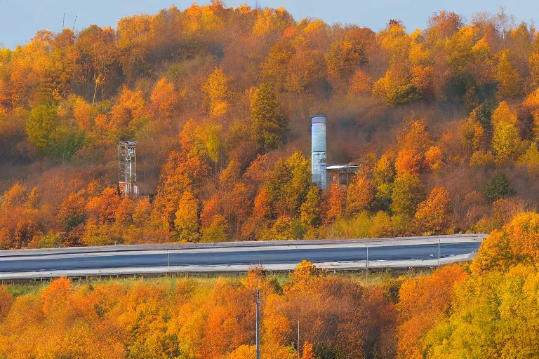 Image similar to a road next to warehouses, and a autumn hill background with a radio tower on top, 3 0 0 mm telephoto lens