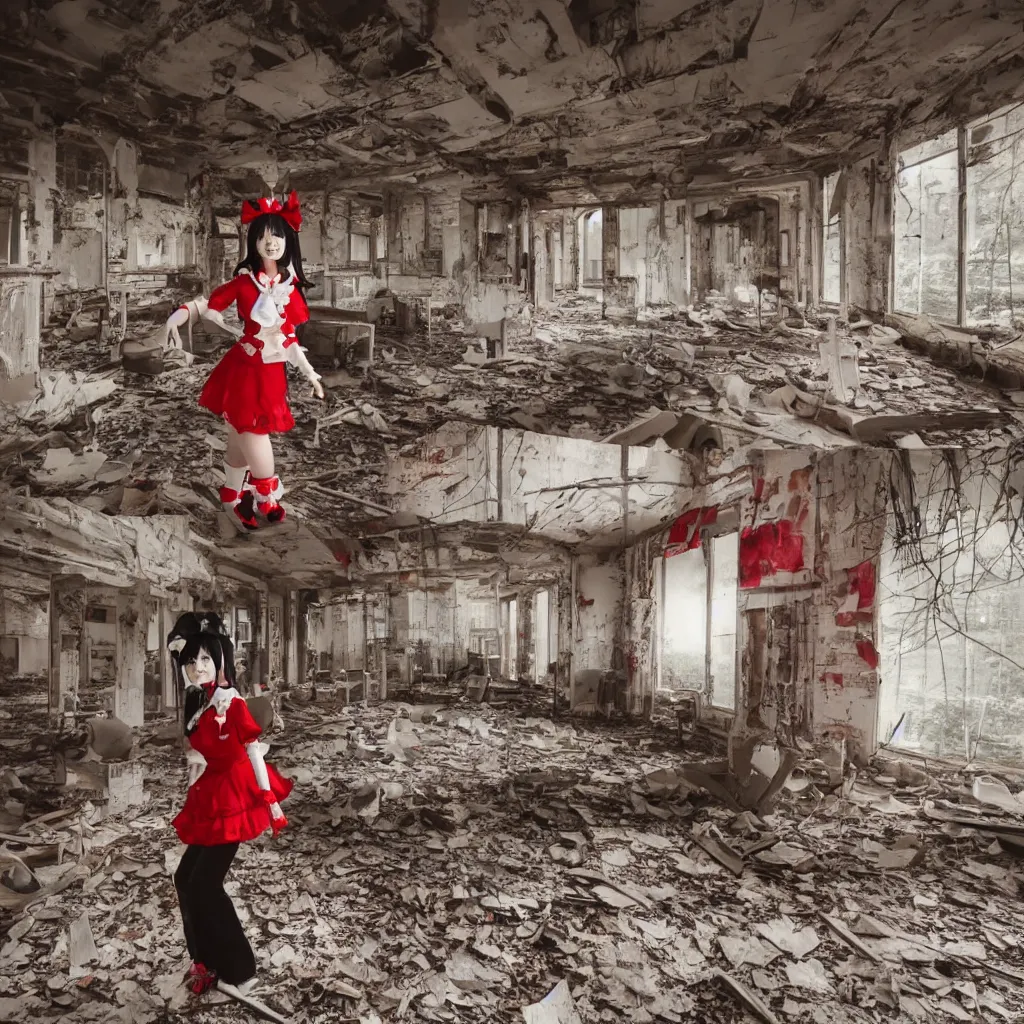 Image similar to rich and atmospheric! Polaroid! photo of a reimu hakurei cosplayer in an abandoned facility