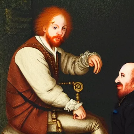 Prompt: ed sheeran talking with william shakespeare while on a chair, 1 8 th century