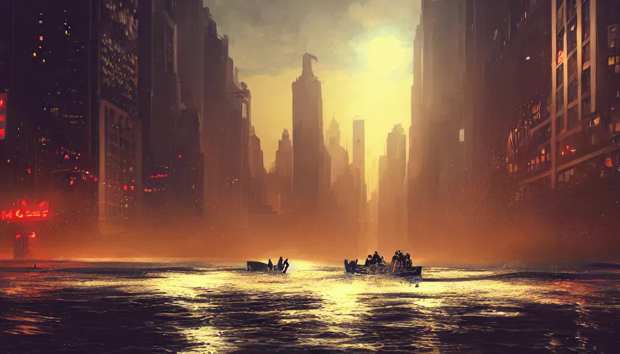 Image similar to lifeboat rescuing people while crossing new york streets after tsunami at night, hyperdetailed, artstation, cgsociety, 8 k