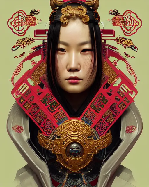 Image similar to portrait of a chinese cyberpunk machine, machine face, upper half portrait, decorated with chinese opera motifs, regal, asian, fine china, wuxia, traditional chinese art intricate intense elegant 京 剧 highly detailed digital painting artstation concept art smooth sharp focus illustration, art by artgerm and greg rutkowski alphonse mucha 8 k