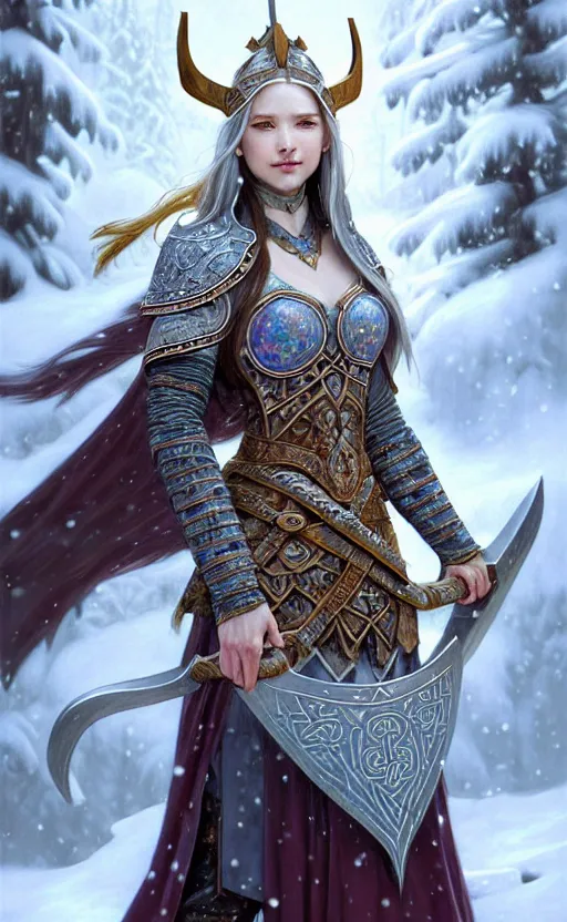 Image similar to opal viking warrior, regal, elegant, winter, snow, beautiful, stunning, hd, illustration, epic, d & d, fantasy, intricate, elegant, highly detailed, wide angle, digital painting, artstation, concept art, smooth, sharp focus, illustration, wallpaper, art by artgerm and greg rutkowski and alphonse mucha and jin xiaodi