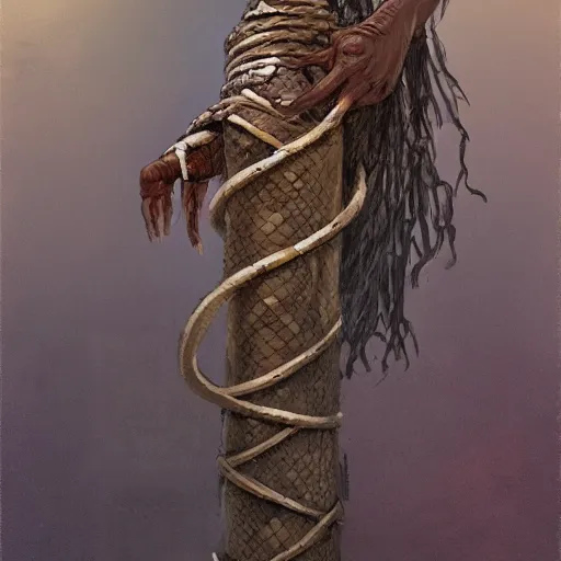 Image similar to a mummy with a snake head, bound on a totem, by greg rutkowski, in the style of magic the gathering