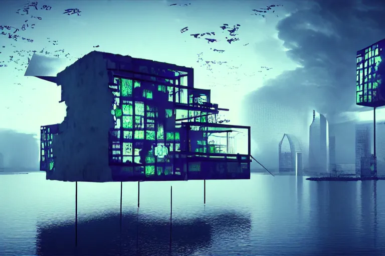 Image similar to distorted cyberpunk house in the lake, artwork by bauhaus, by benoit b. mandelbrot, by bjarke ingels, uhd, 3 d ar vr art, metaverse concept art