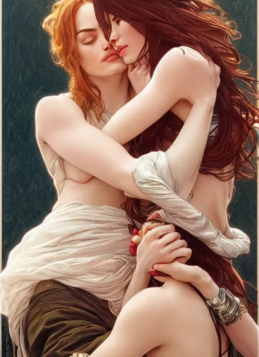 Image similar to megan fox kissing emma stone. beautiful detailed face. by artgerm and greg rutkowski and alphonse mucha