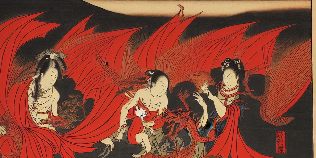 Image similar to The Great Red Dragon and the Woman Clothed with the Sun, at dusk, by Utagawa Kuniyoshi, dramatic lighting, high contrast colors, panoramic view, as trending on Artstation,