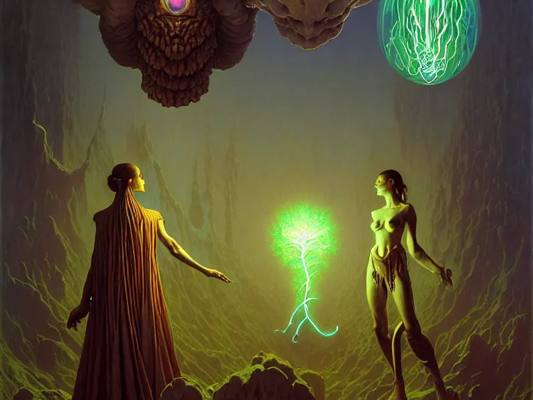 Prompt: the female arcanist and the male artificer by albert bierstadt and gerald brom and zdzisław beksinski and james gilleard and wayne barlowe and marc simonetti, highly detailed, hyperrealistic, intricate, floating metallic objects, energy, electricity, blue flames, low light, glowing green crystals, high contrast