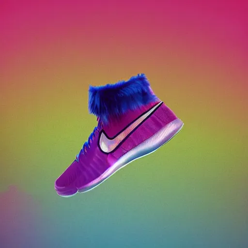 Image similar to poster nike shoe made of very fluffy colorful faux fur placed on reflective surface, professional advertising, overhead lighting, heavy detail, realistic by nate vanhook, mark miner