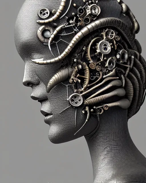 Image similar to mythical organic bio-mechanical spinal ribbed profile face portrait detail of silver mechanical beautiful female angelic-queen-vegetal-cyborg, highly detailed, intricate steampunk ornate, poetic, 3D render, digital art, octane render, 8K artistic photography, photo-realistic, by Dora Maar