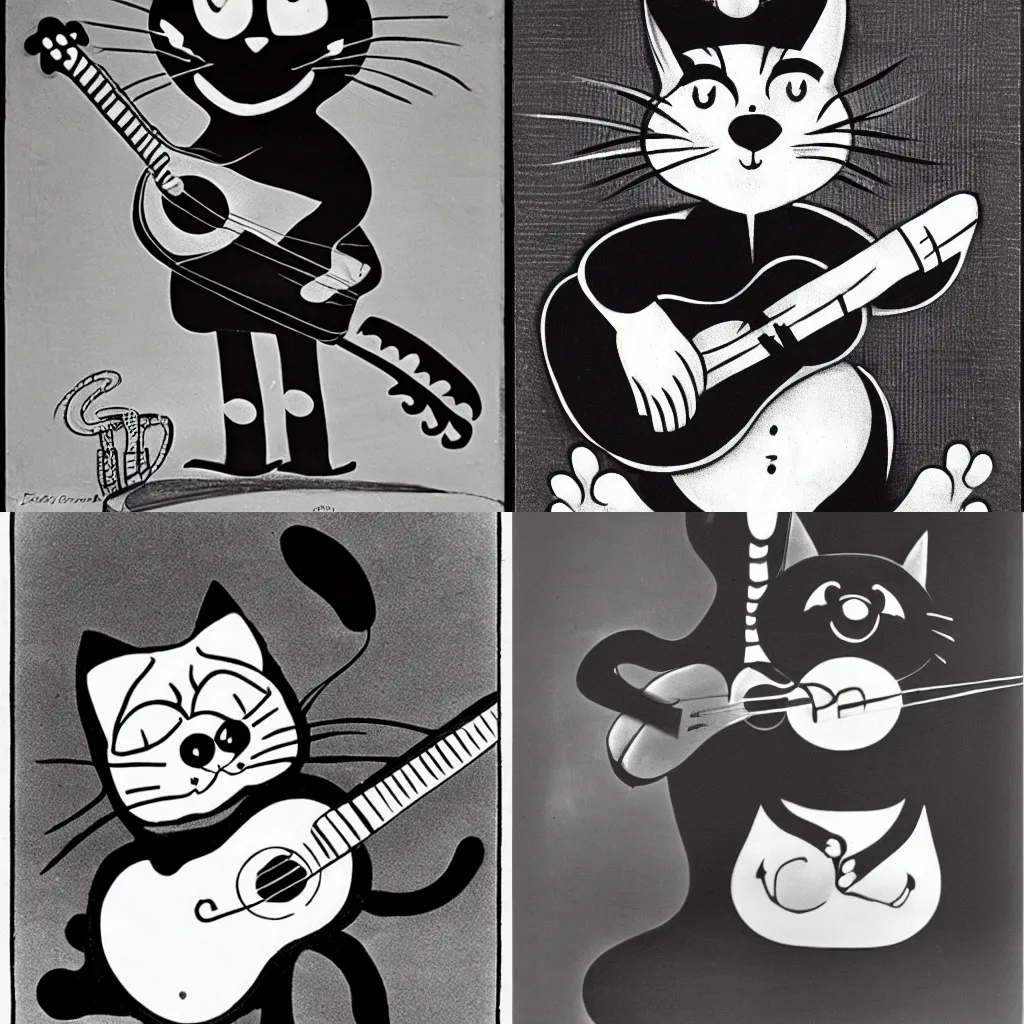 Image similar to cat playing guitar, rubber hose, felix the cat, pie eyes, 1 9 3 0 s, bw