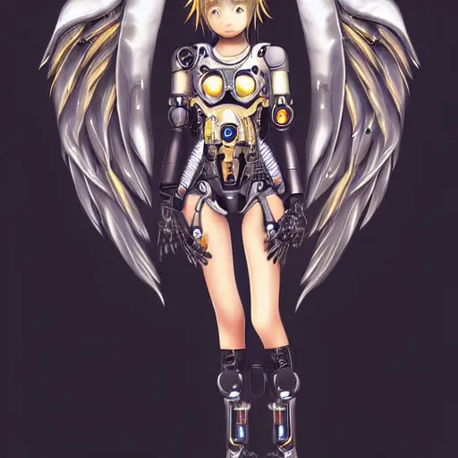 Prompt: cute small cyborg - angel girl with large angelic wings, left eye gold and right eye silver, biomechanical details, wearing epic bionic cyborg implants, digital cyberpunk - anime art, full body shot