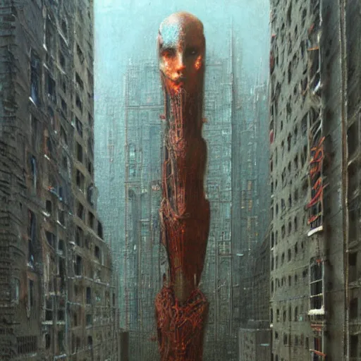 Image similar to giant robot in new york, highly detailed beksinski art