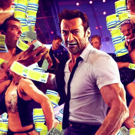 Prompt: action shot of hugh jackman at a GTA V dance club taking selfies with friends and a pile of cash in the background, 8K, highly detailed, photo realistic, high energy, artstation, by Stuart Ng