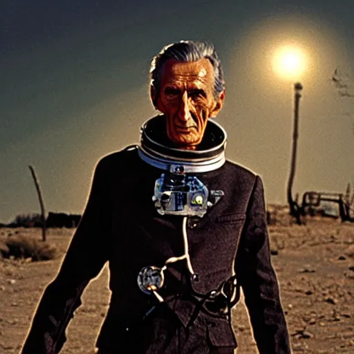 Prompt: Peter Cushing wearing an astronaut suit in an abandoned post apocalyptic western town at sunset, realistic