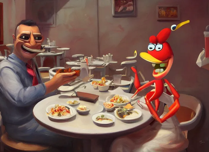 Image similar to a painting of mr krabs eating at a restaurant, highly detailed, photorealistic, trending on artstation, cgsociety, sharp focus