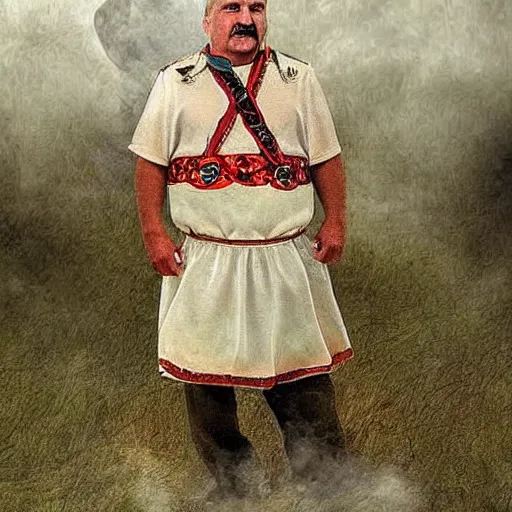 Prompt: mildly epic portrait of lukashenko as the god of potatoes, creator of despair