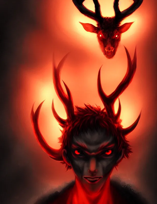 Image similar to a detailed manga portrait of a pitch black demon boy with dark antlers and crimson hair and glowing orange eyes, trending on artstation, digital art, 4 k resolution, detailed, high quality, sharp focus, hq artwork, coherent, insane detail, character portrait