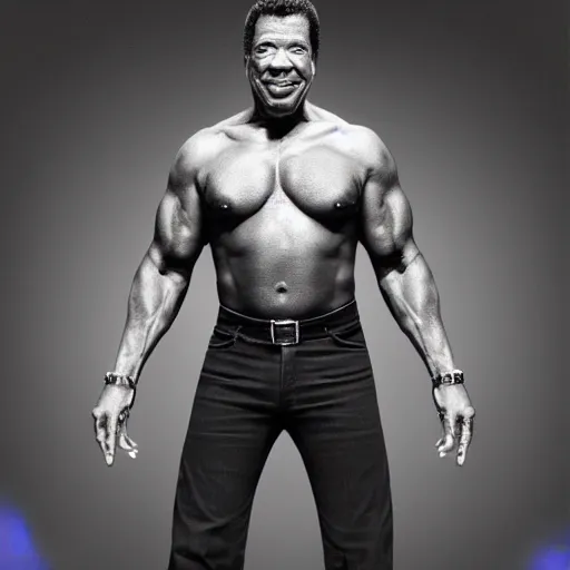 Prompt: Lionel ritchie with the physique of a body builder, hyper realistic, ultra detailed, cinematic, dynamic lighting, photorealistic, refined, intricate, digital art, digital painting, masterpiece, 8k