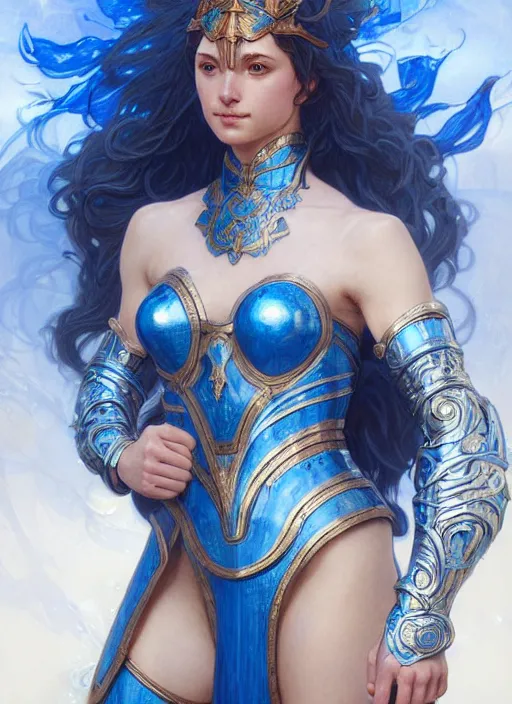 Image similar to a goddess of water wearing blue armor, with arms and hair turning into water, fantasy, intricate, elegant, highly detailed, digital painting, artstation, concept art, wallpaper, smooth, sharp focus, illustration, art by artgerm and greg rutkowski and alphonse mucha