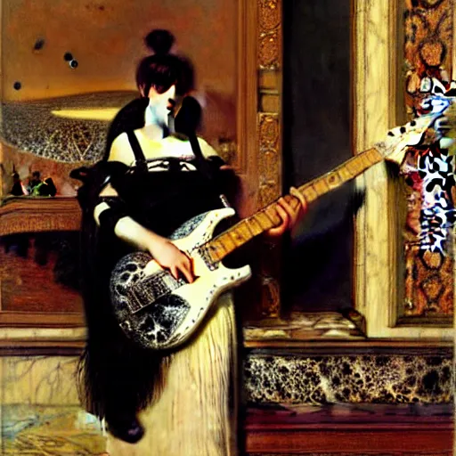 Image similar to Goth girl playing electric guitar by Mario Testino, oil painting by Lawrence Alma-Tadema, masterpiece