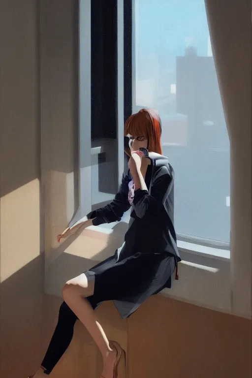 Image similar to A ultradetailed beautiful panting of a stylish woman sitting next to a window, she is wearing streetwear, Oil painting, by Ilya Kuvshinov, Greg Rutkowski and Makoto Shinkai