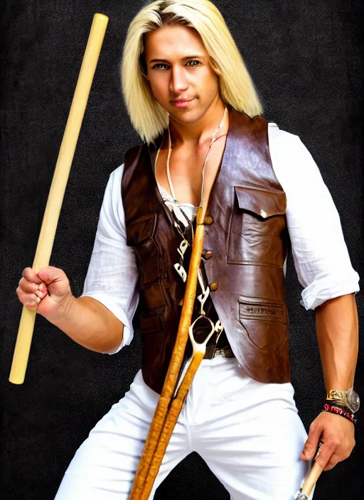 Image similar to a male ranger with a bongo drum and holding nunchaku, wearing a leather vest and white linen pants, chiseled good looks, long swept back blond hair, puka shell necklace, dnd, digital art