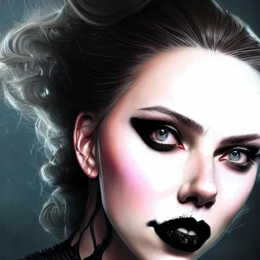 Image similar to detailed portrait of scarlett johansson as a cute undead goth girl, beautiful, fantasy, intricate, elegant, highly detailed, digital painting, artstation, concept art, matte, sharp focus, illustration, art by aenaluck, artgerm and roberto ferri and greg rutkowski, epic fantasy, digital painting