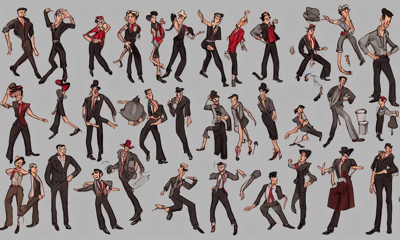 Prompt: game asset sheet, material study, 2 d sprite, 1 9 5 0 s style rockabilly characters dancing