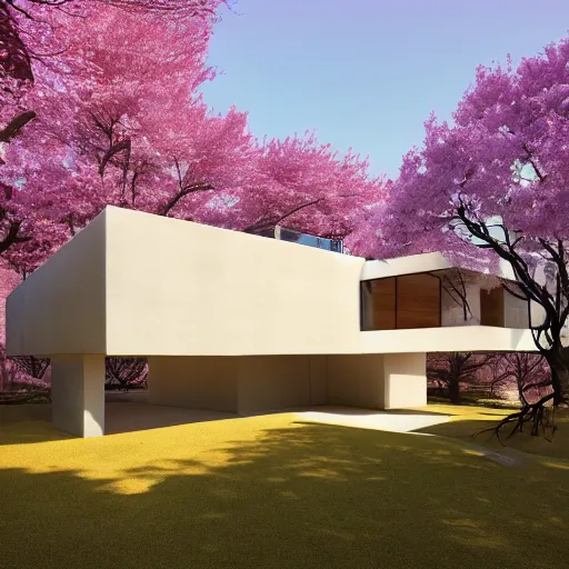 Image similar to futuristic rectangular beige house with courtyard, on a hill surrounded by big sakura trees, dramatic lighting, artstation, matte painting, raphael lacoste, simon stalenhag, frank lloyd wright, zaha hadid, drone view