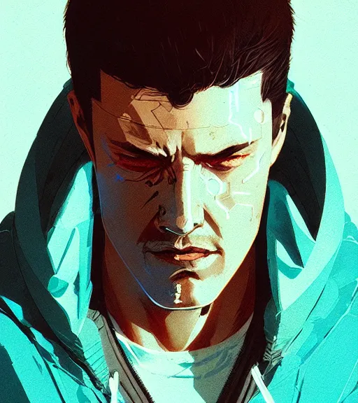 Image similar to cyberpunk synth, hyper - realistic portrait of a man in a hoodie, cyberpunk, by atey ghailan, by greg rutkowski, by greg tocchini, by james gilleard, by joe fenton, by kaethe butcher, dynamic lighting, gradient light blue, brown, blonde cream and white color scheme, grunge aesthetic