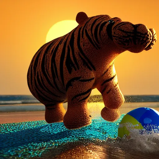 Image similar to a closeup photorealistic photograph of a cute smiling knitted tiger hippopotamus chasing a beachball at sunset. surf in the background. professional capture. this 4 k hd image is trending on artstation, featured on behance, well - rendered, extra crisp, features intricate detail, epic composition and the style of unreal engine.