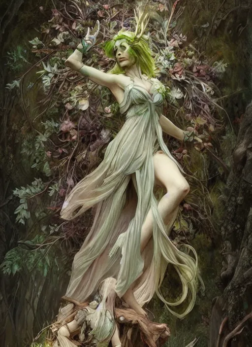 Prompt: woodland spirits made of wood and moss, full body view, beautiful high quality realistic fantasy art, trending on artstation by artgerm and greg rutkowski and alphonse mucha