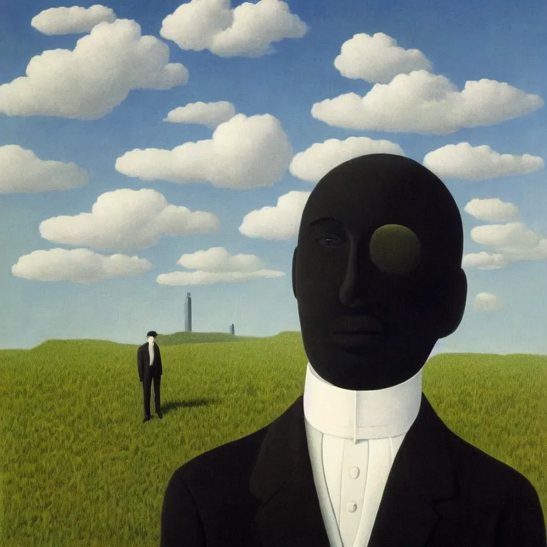 Image similar to portrait of a faceless reflective chrome - head man in a suit and black gloves, clouds and nature landscape in the background, by rene magritte, detailed painting, distance, centered, hd, hq, high resolution, high detail, 4 k, 8 k