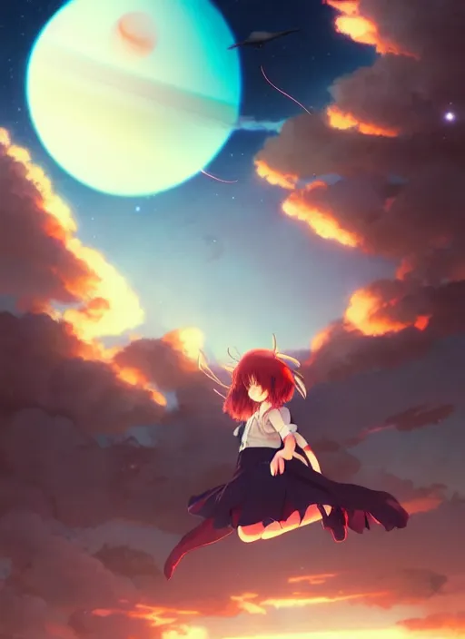 Prompt: anime girl flying in the sky against the backdrop of dawn, saturn in the background, illustration, concept art, anime, key visual, trending pixiv fanbox by wlop and greg rutkowski and makoto shinkai and studio ghibli
