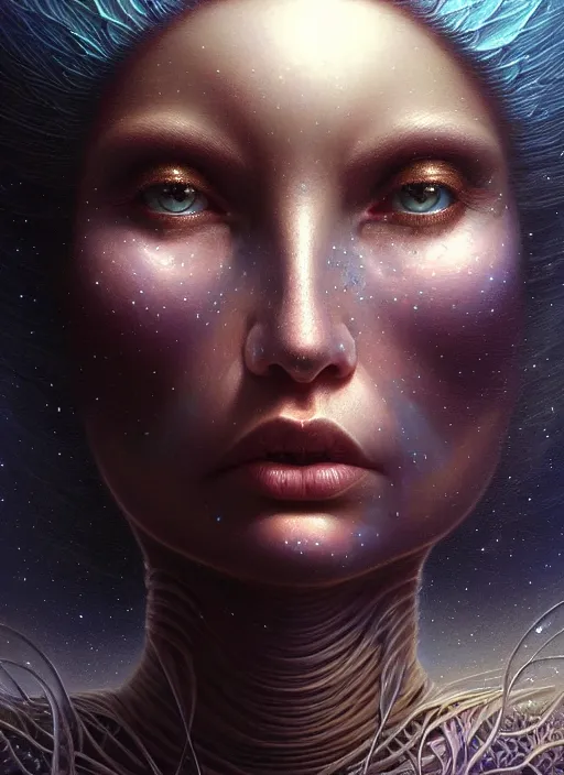 Image similar to closeup portrait shot of a beautiful cosmic woman in a scenic dystopian environment, intricate, elegant, highly detailed, centered, digital painting, artstation, concept art, smooth, sharp focus, illustration, artgerm, tomasz alen kopera, peter mohrbacher, donato giancola, joseph christian leyendecker, wlop, boris vallejo