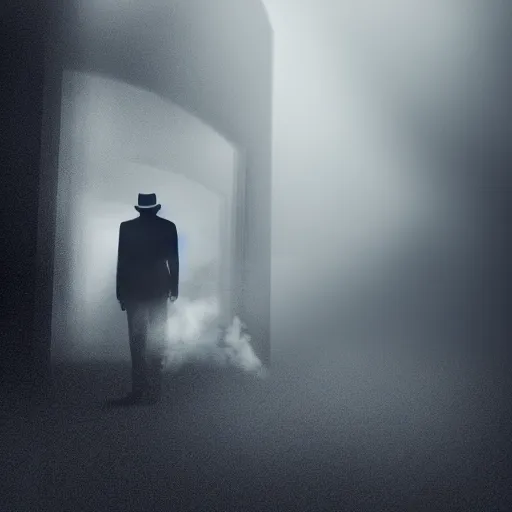 Image similar to mysterious man in black suit and black hat, he has a pistol, smoke, fog, mysterious, 4 k, highly detailed, digital art, strong shadows, high contrast, epic scene, atmospheric, blue colours