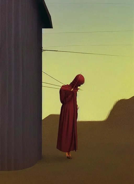 Image similar to woman with a paper bag over the head and a sward connected with telephone wires Edward Hopper and James Gilleard, Zdzislaw Beksinski, Steven Outram highly detailed