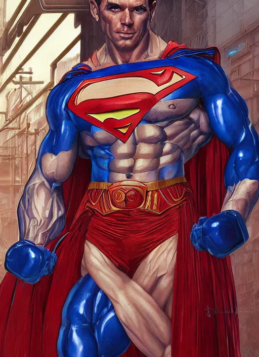 Prompt: portrait of crossfit bodybuilder fitness muscular superman!, futuristic detailed ornate cyberpunk costume!, red and blue costume!!, pale skin!, no logo!!!, painted art by tsuyoshi nagano, greg rutkowski, artgerm, alphonse mucha, spike painting