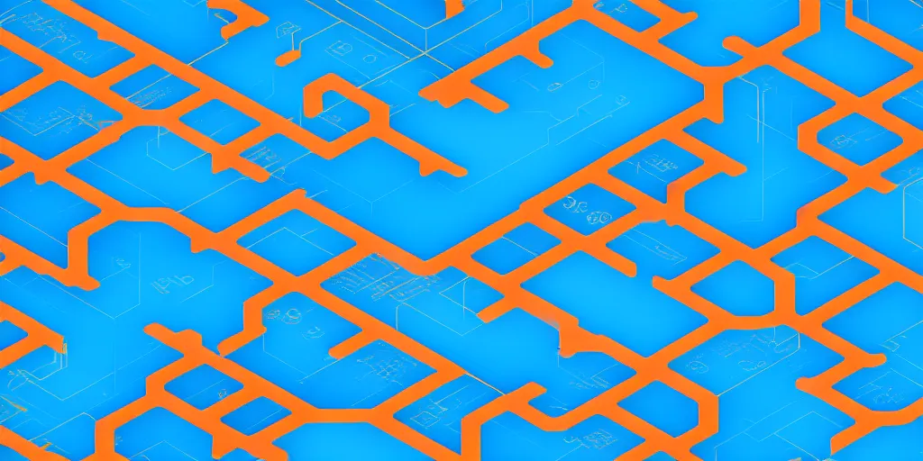 Image similar to Cloud servers, network, isometric view from above. Minimalistic design, contemporary design, infographics. Logo, Abstract Design. Blue, cyan and orange palette. Vivid, 8K, Epic, Masterpiece