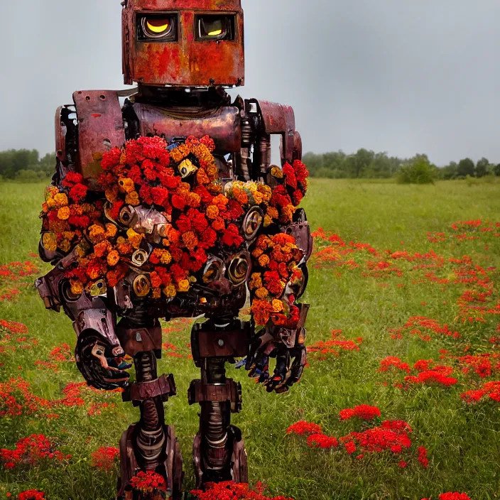 Prompt: closeup portrait of a rusted robot wearing a cloak made of zinnias and rainbows, in an empty field, by Annie Leibovitz and Steve McCurry, natural light, detailed face, CANON Eos C300, ƒ1.8, 35mm, 8K, medium-format print