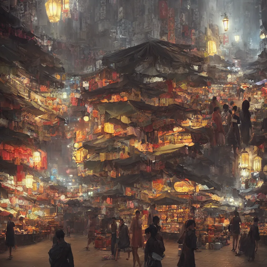 Prompt: Night market in Hong Kong, mysterious vendors, by Greg Rutkowski, ArtStation, CGSociety, Unreal Engine