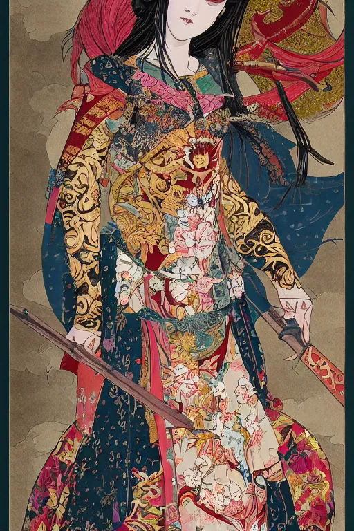 Prompt: full - bodied portrait, female changeling in floral - patterned eastern light armor, wielding a decorated halberd, barefoot in sandals, noh theatre mask, mischievous, capricious, energetic, provocative, seductive, realistic proportions, reasonable fantasy art, many colors, detailed, in the style of dnd illustrations.