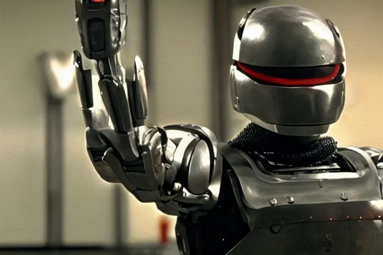 Image similar to VFX movie where Mr. Bean plays Robocop by Paul Verhoeven