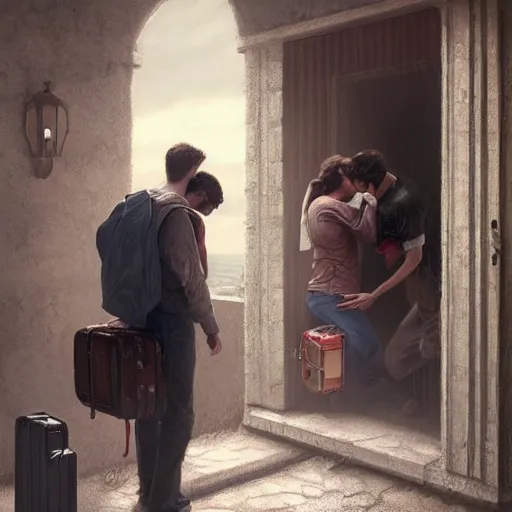 Image similar to a guy is leaving is home with luggage and sad angry mood, his wife is kissing another man under the porch of the house, highly detailed,, artstation hd, deviantart, by madgwick,, greg rutkowski, artgerm