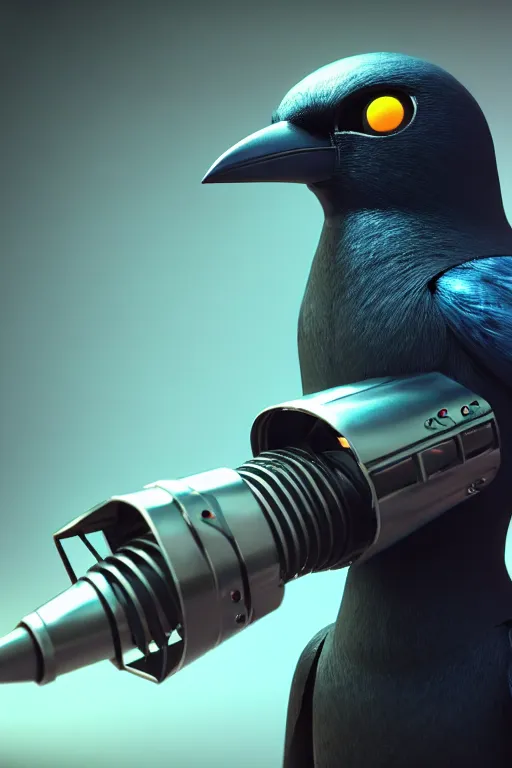 Image similar to high quality 3 d render very cute cyborg crow! sings into microphone!, cyberpunk highly detailed, unreal engine cinematic smooth, in the style of blade runner & detective pikachu, hannah yata charlie immer, moody light, low angle, uhd 8 k, sharp focus