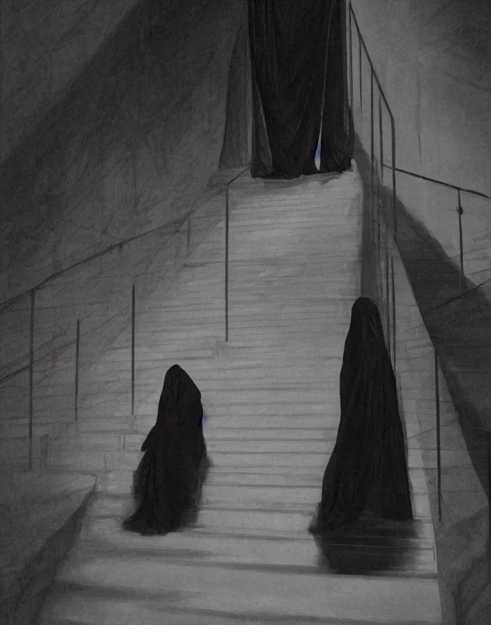 Prompt: a figure shrouded in a long trailing pitch black gown, descending a giant marble staircase in a dark room, photorealism, hyperrealism, harsh lighting, hyperrealism, dramatic lighting, medium shot, serious, gloomy, foreboding